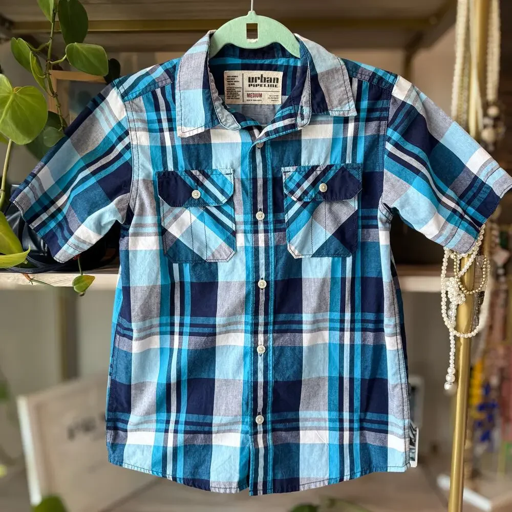 Urban Pipeline Boys Medium Blue Plaid Short Sleeve Button Down Shirt 2-Pocket